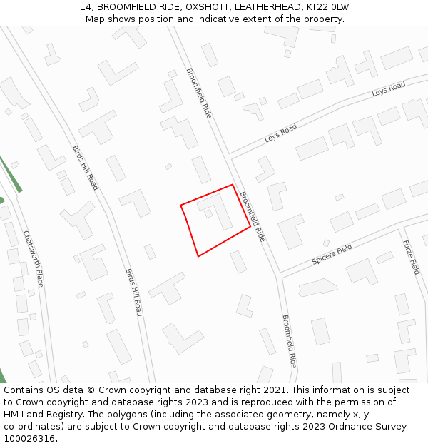 14, BROOMFIELD RIDE, OXSHOTT, LEATHERHEAD, KT22 0LW: Location map and indicative extent of plot