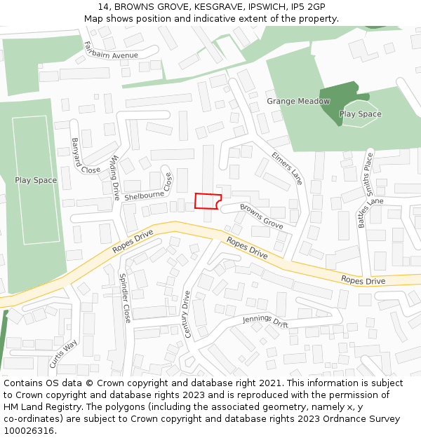 14, BROWNS GROVE, KESGRAVE, IPSWICH, IP5 2GP: Location map and indicative extent of plot