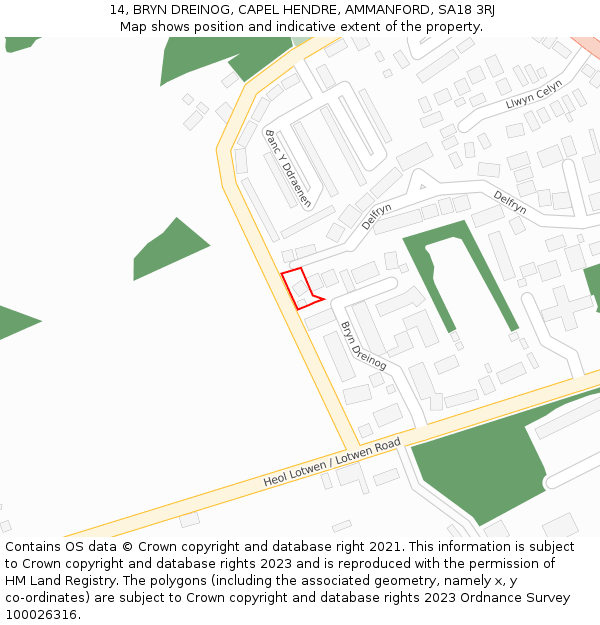 14, BRYN DREINOG, CAPEL HENDRE, AMMANFORD, SA18 3RJ: Location map and indicative extent of plot