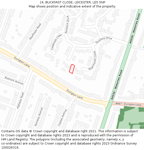 14, BUCKFAST CLOSE, LEICESTER, LE5 5NP: Location map and indicative extent of plot
