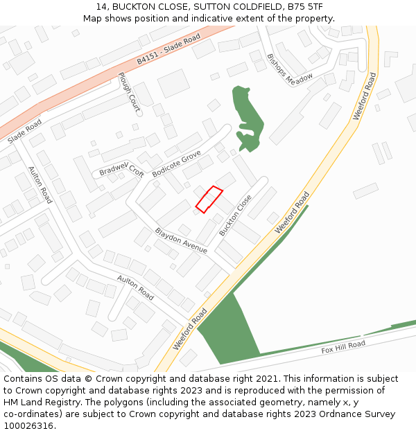 14, BUCKTON CLOSE, SUTTON COLDFIELD, B75 5TF: Location map and indicative extent of plot