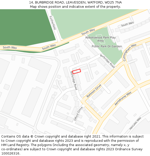 14, BURBRIDGE ROAD, LEAVESDEN, WATFORD, WD25 7NA: Location map and indicative extent of plot