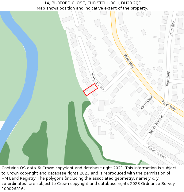 14, BURFORD CLOSE, CHRISTCHURCH, BH23 2QF: Location map and indicative extent of plot
