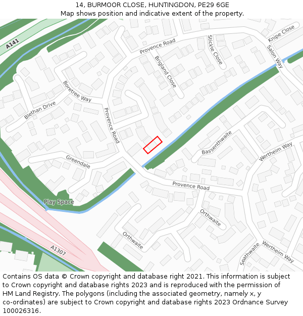 14, BURMOOR CLOSE, HUNTINGDON, PE29 6GE: Location map and indicative extent of plot