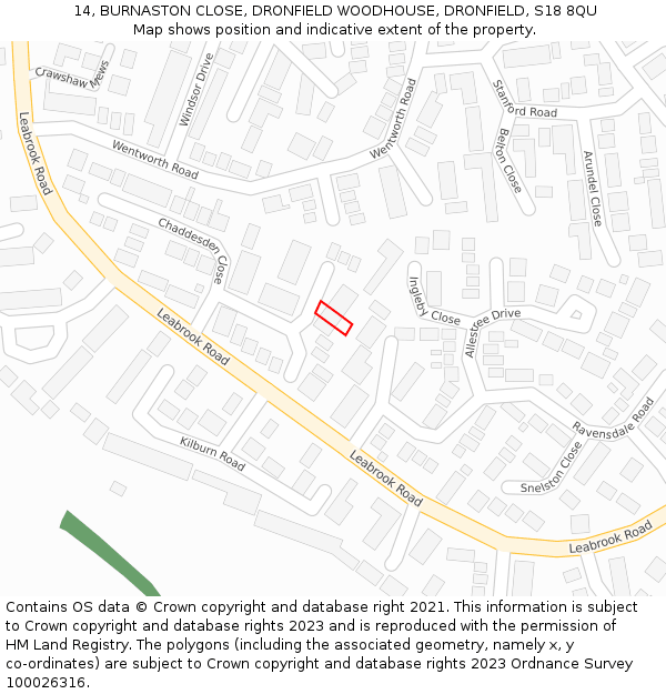 14, BURNASTON CLOSE, DRONFIELD WOODHOUSE, DRONFIELD, S18 8QU: Location map and indicative extent of plot