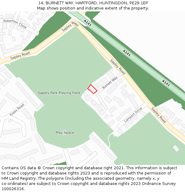 14, BURNETT WAY, HARTFORD, HUNTINGDON, PE29 1EP: Location map and indicative extent of plot