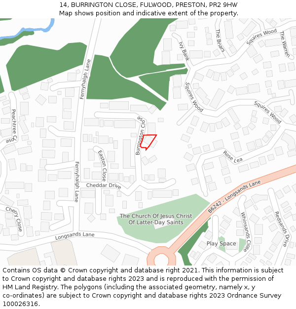 14, BURRINGTON CLOSE, FULWOOD, PRESTON, PR2 9HW: Location map and indicative extent of plot