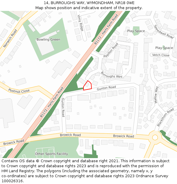 14, BURROUGHS WAY, WYMONDHAM, NR18 0WE: Location map and indicative extent of plot