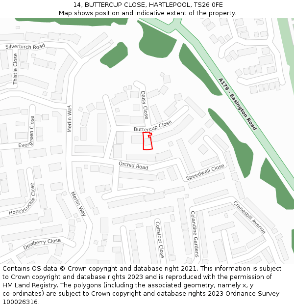 14, BUTTERCUP CLOSE, HARTLEPOOL, TS26 0FE: Location map and indicative extent of plot
