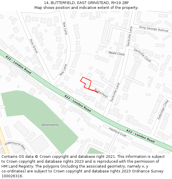14, BUTTERFIELD, EAST GRINSTEAD, RH19 2BF: Location map and indicative extent of plot