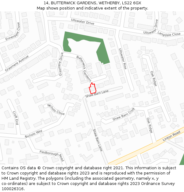 14, BUTTERWICK GARDENS, WETHERBY, LS22 6GX: Location map and indicative extent of plot