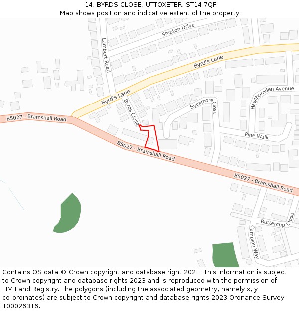 14, BYRDS CLOSE, UTTOXETER, ST14 7QF: Location map and indicative extent of plot