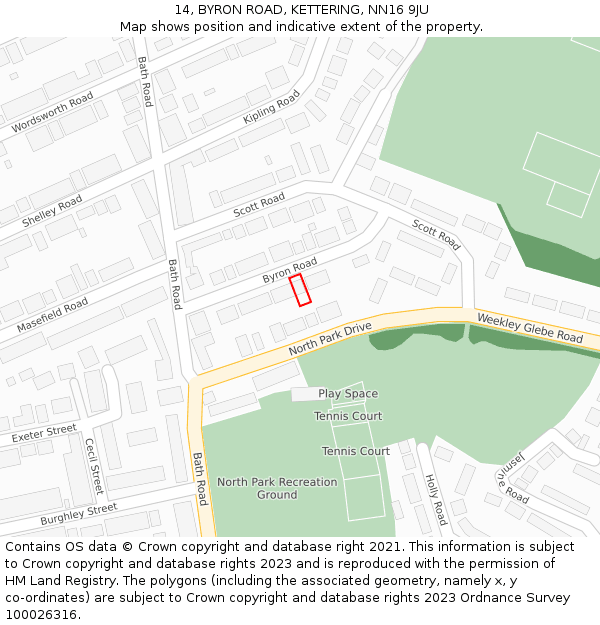 14, BYRON ROAD, KETTERING, NN16 9JU: Location map and indicative extent of plot