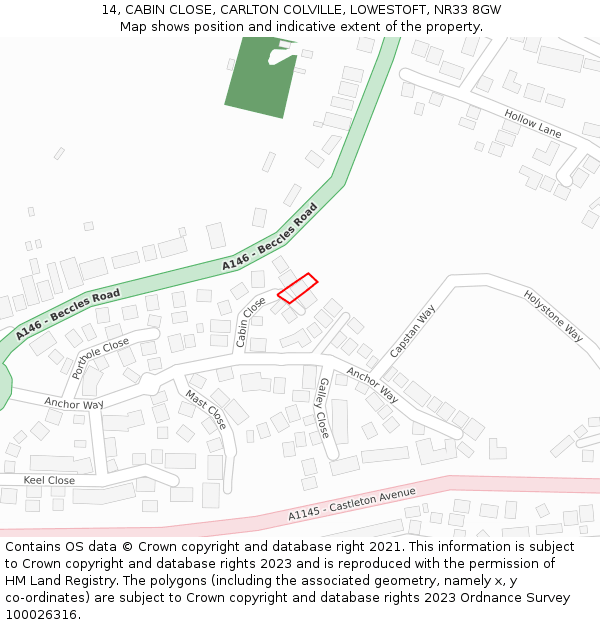 14, CABIN CLOSE, CARLTON COLVILLE, LOWESTOFT, NR33 8GW: Location map and indicative extent of plot
