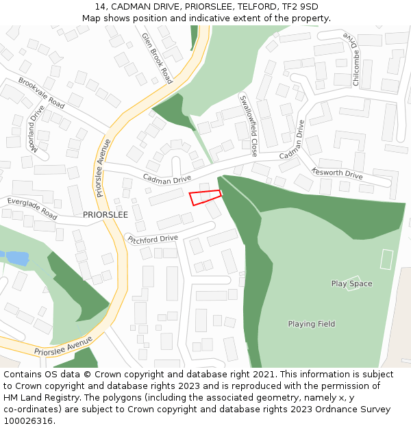 14, CADMAN DRIVE, PRIORSLEE, TELFORD, TF2 9SD: Location map and indicative extent of plot