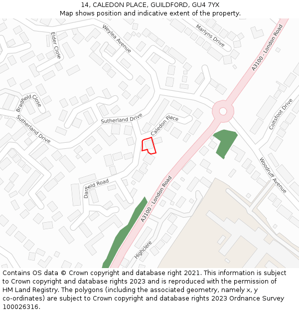 14, CALEDON PLACE, GUILDFORD, GU4 7YX: Location map and indicative extent of plot