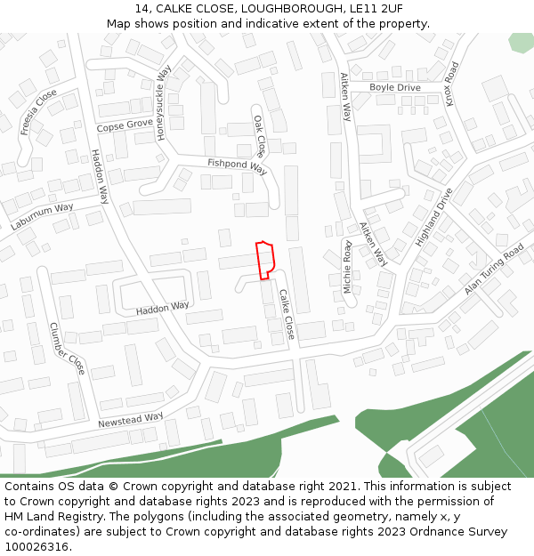 14, CALKE CLOSE, LOUGHBOROUGH, LE11 2UF: Location map and indicative extent of plot