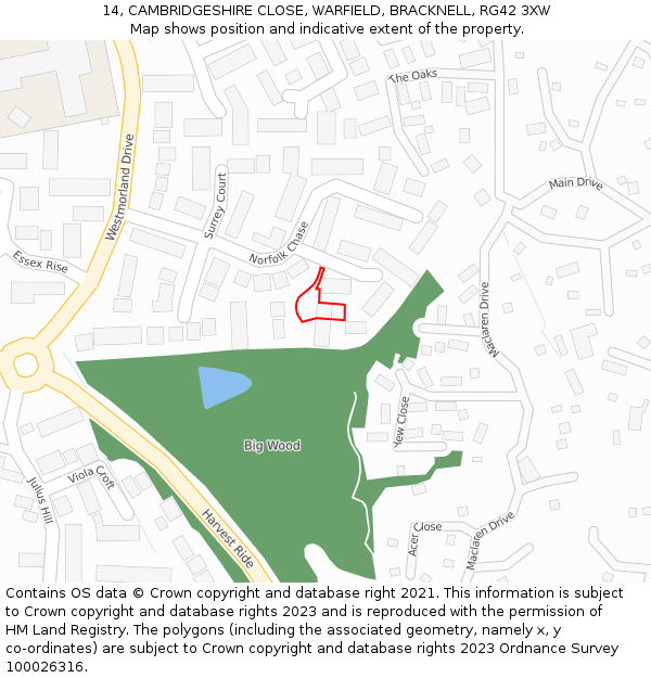 14, CAMBRIDGESHIRE CLOSE, WARFIELD, BRACKNELL, RG42 3XW: Location map and indicative extent of plot