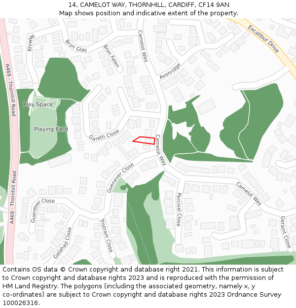 14, CAMELOT WAY, THORNHILL, CARDIFF, CF14 9AN: Location map and indicative extent of plot