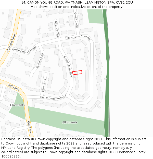 14, CANON YOUNG ROAD, WHITNASH, LEAMINGTON SPA, CV31 2QU: Location map and indicative extent of plot