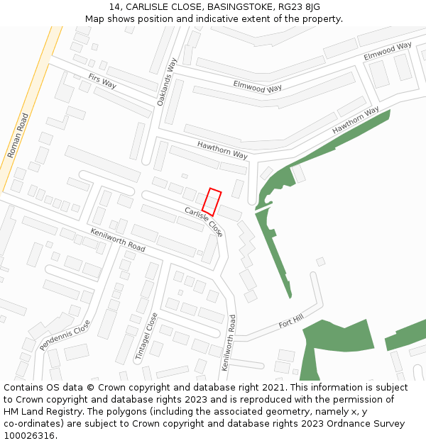 14, CARLISLE CLOSE, BASINGSTOKE, RG23 8JG: Location map and indicative extent of plot