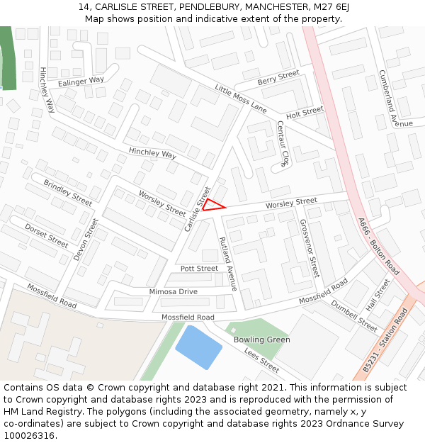 14, CARLISLE STREET, PENDLEBURY, MANCHESTER, M27 6EJ: Location map and indicative extent of plot