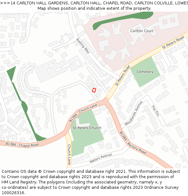 14 CARLTON HALL GARDENS, CARLTON HALL, CHAPEL ROAD, CARLTON COLVILLE, LOWESTOFT, NR33 8BL: Location map and indicative extent of plot