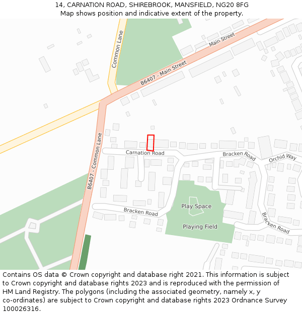 14, CARNATION ROAD, SHIREBROOK, MANSFIELD, NG20 8FG: Location map and indicative extent of plot