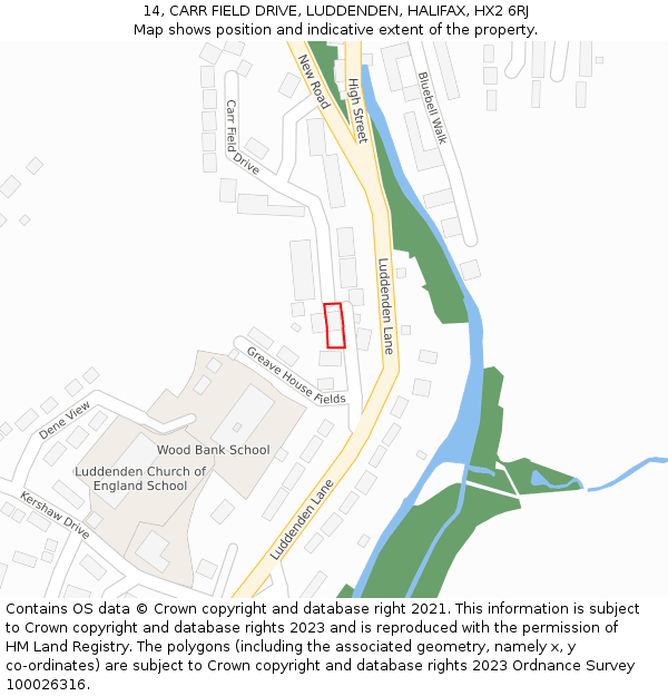 14, CARR FIELD DRIVE, LUDDENDEN, HALIFAX, HX2 6RJ: Location map and indicative extent of plot