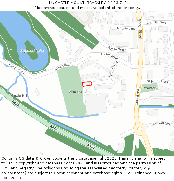 14, CASTLE MOUNT, BRACKLEY, NN13 7HF: Location map and indicative extent of plot