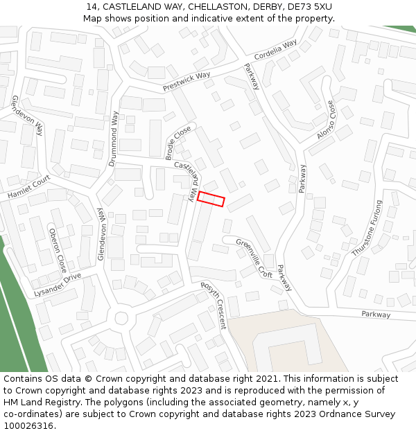 14, CASTLELAND WAY, CHELLASTON, DERBY, DE73 5XU: Location map and indicative extent of plot