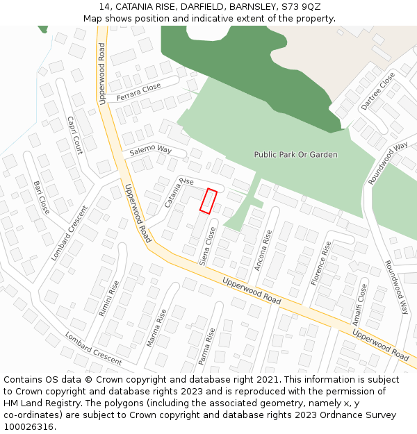 14, CATANIA RISE, DARFIELD, BARNSLEY, S73 9QZ: Location map and indicative extent of plot