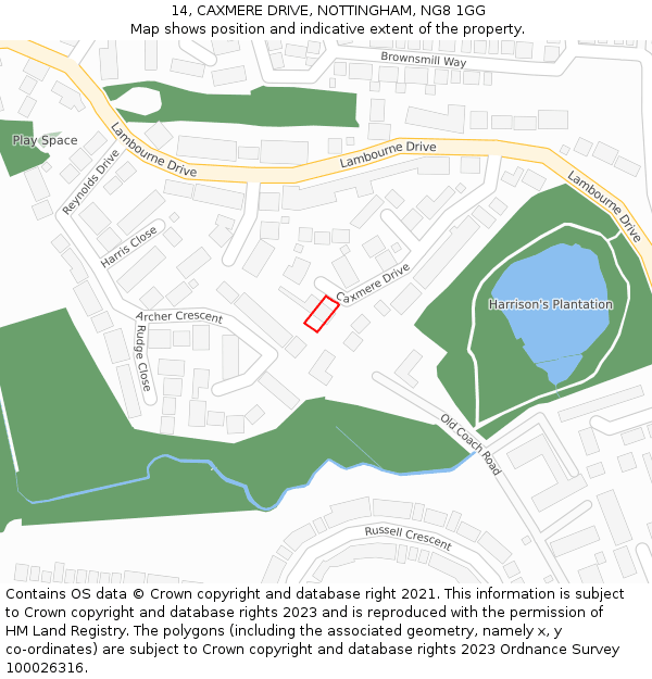14, CAXMERE DRIVE, NOTTINGHAM, NG8 1GG: Location map and indicative extent of plot