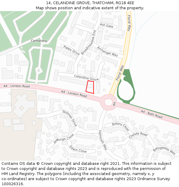 14, CELANDINE GROVE, THATCHAM, RG18 4EE: Location map and indicative extent of plot