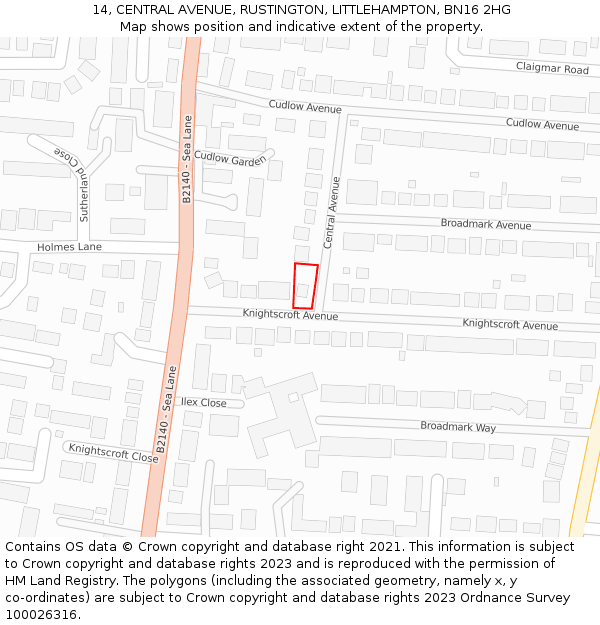 14, CENTRAL AVENUE, RUSTINGTON, LITTLEHAMPTON, BN16 2HG: Location map and indicative extent of plot