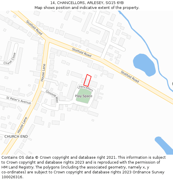 14, CHANCELLORS, ARLESEY, SG15 6YB: Location map and indicative extent of plot