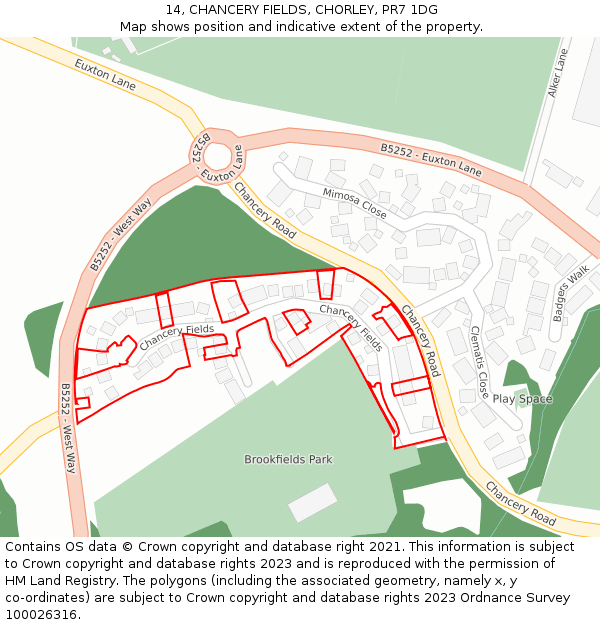 14, CHANCERY FIELDS, CHORLEY, PR7 1DG: Location map and indicative extent of plot