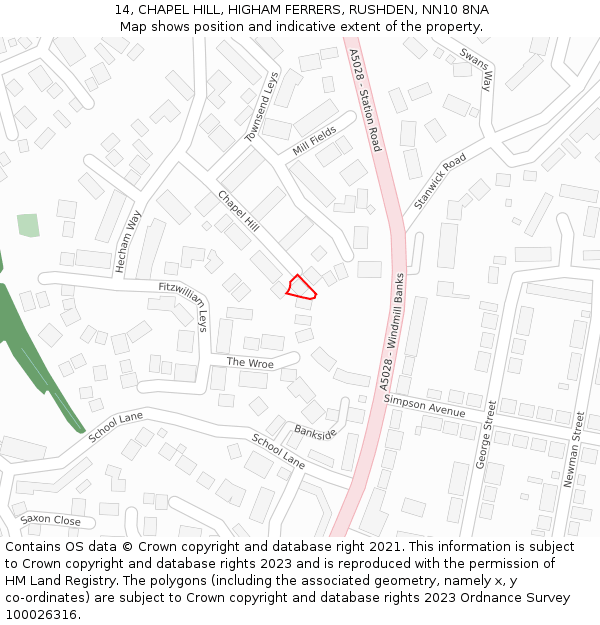 14, CHAPEL HILL, HIGHAM FERRERS, RUSHDEN, NN10 8NA: Location map and indicative extent of plot