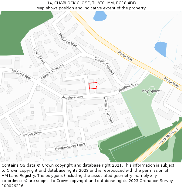 14, CHARLOCK CLOSE, THATCHAM, RG18 4DD: Location map and indicative extent of plot