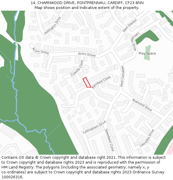 14, CHARNWOOD DRIVE, PONTPRENNAU, CARDIFF, CF23 8NN: Location map and indicative extent of plot
