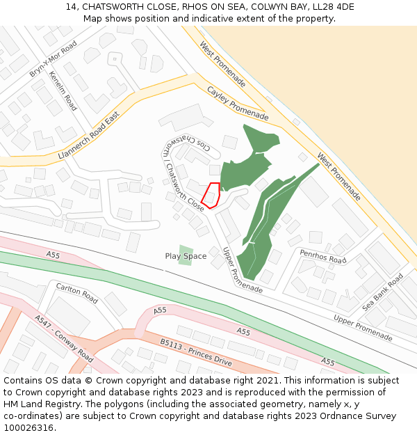 14, CHATSWORTH CLOSE, RHOS ON SEA, COLWYN BAY, LL28 4DE: Location map and indicative extent of plot