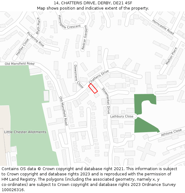 14, CHATTERIS DRIVE, DERBY, DE21 4SF: Location map and indicative extent of plot