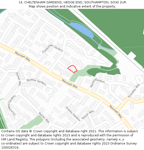 14, CHELTENHAM GARDENS, HEDGE END, SOUTHAMPTON, SO30 2UR: Location map and indicative extent of plot