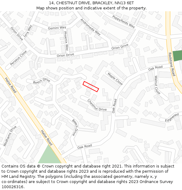 14, CHESTNUT DRIVE, BRACKLEY, NN13 6ET: Location map and indicative extent of plot