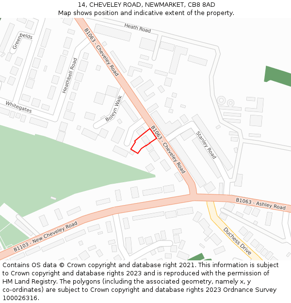14, CHEVELEY ROAD, NEWMARKET, CB8 8AD: Location map and indicative extent of plot