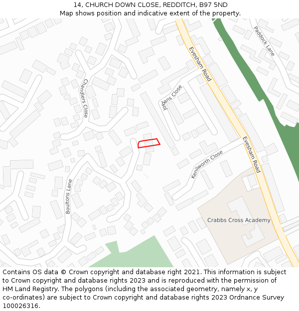 14, CHURCH DOWN CLOSE, REDDITCH, B97 5ND: Location map and indicative extent of plot