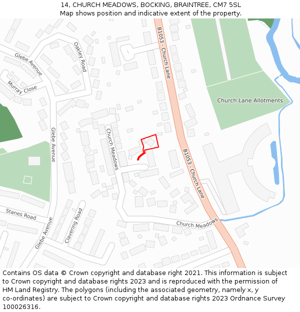 14, CHURCH MEADOWS, BOCKING, BRAINTREE, CM7 5SL: Location map and indicative extent of plot