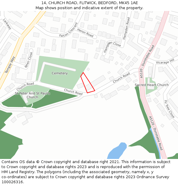 14, CHURCH ROAD, FLITWICK, BEDFORD, MK45 1AE: Location map and indicative extent of plot