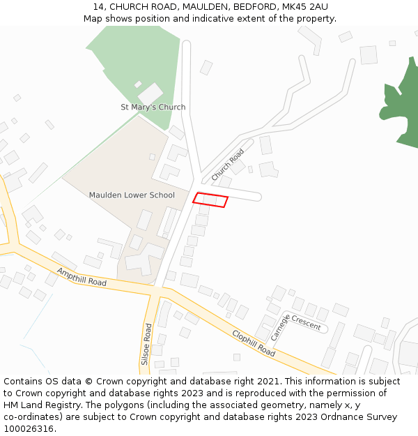 14, CHURCH ROAD, MAULDEN, BEDFORD, MK45 2AU: Location map and indicative extent of plot