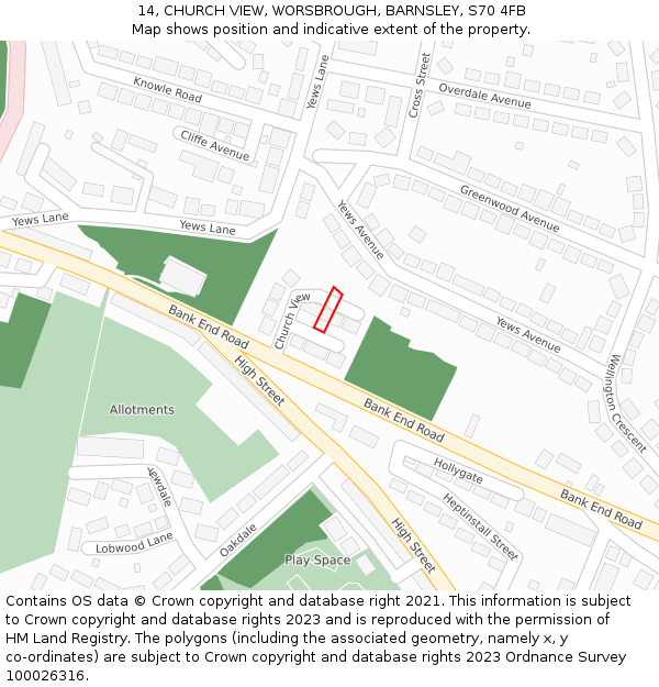 14, CHURCH VIEW, WORSBROUGH, BARNSLEY, S70 4FB: Location map and indicative extent of plot